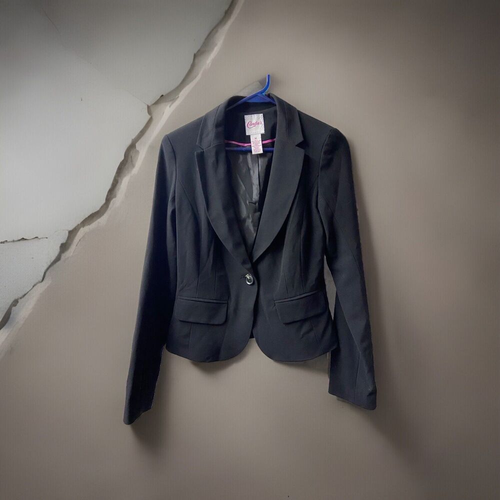 Candies Short Notched Collar Blazer  Womens Size Medium Black Lined